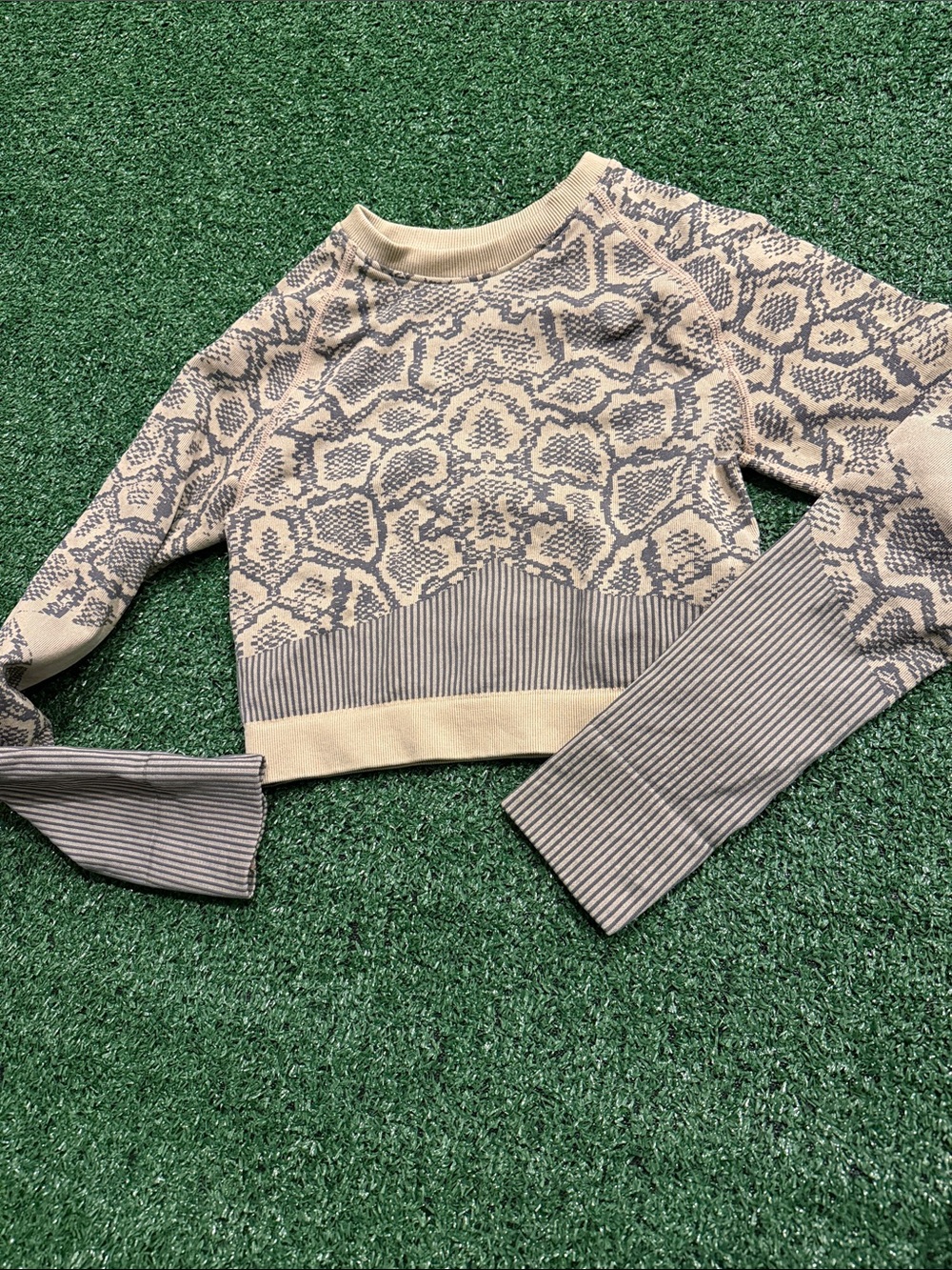 Beige Snake-Print Knit Crop Top